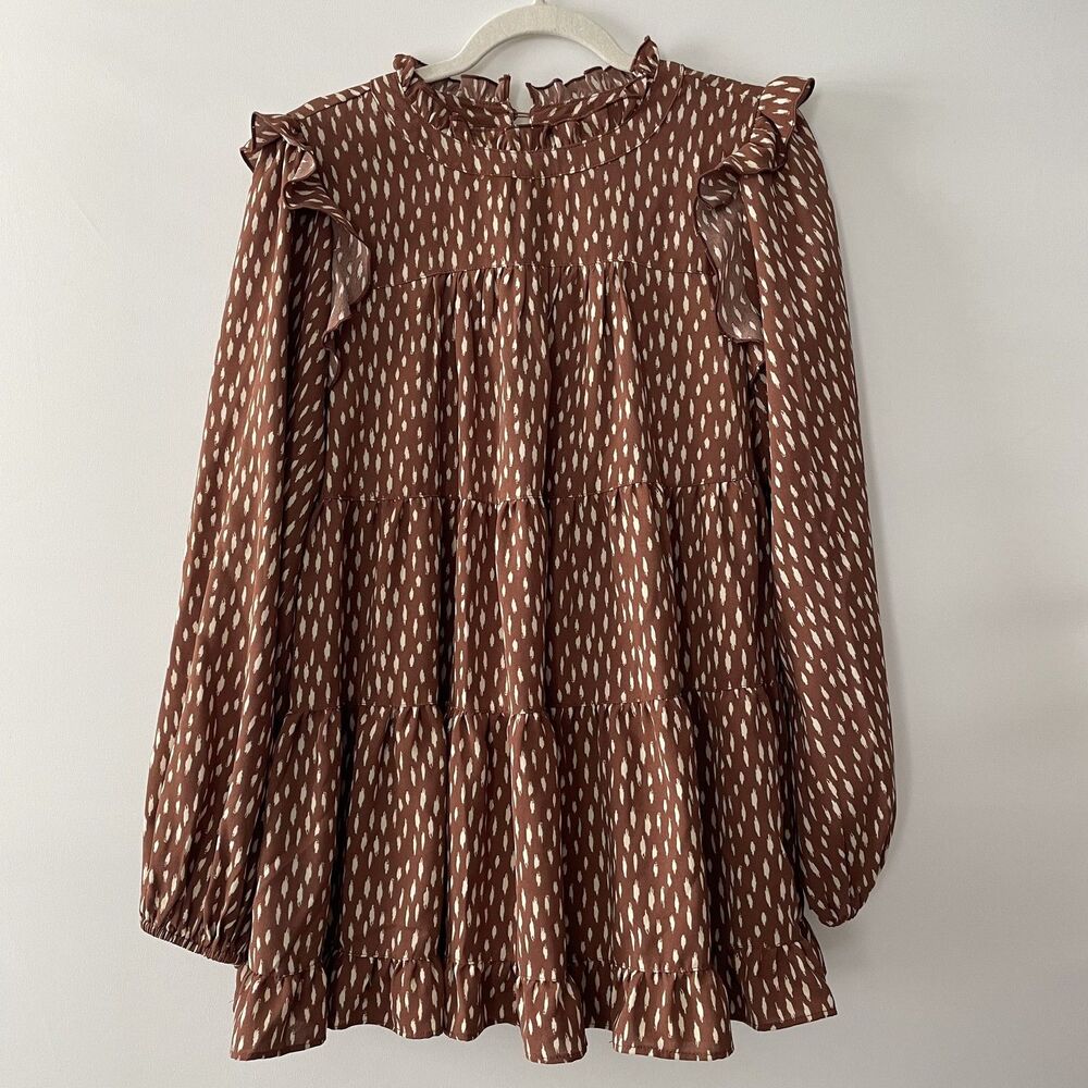 Jodifl Tunic Top Ruffle Neck Long Sleeve Brown Print Woven Women Size M-dp